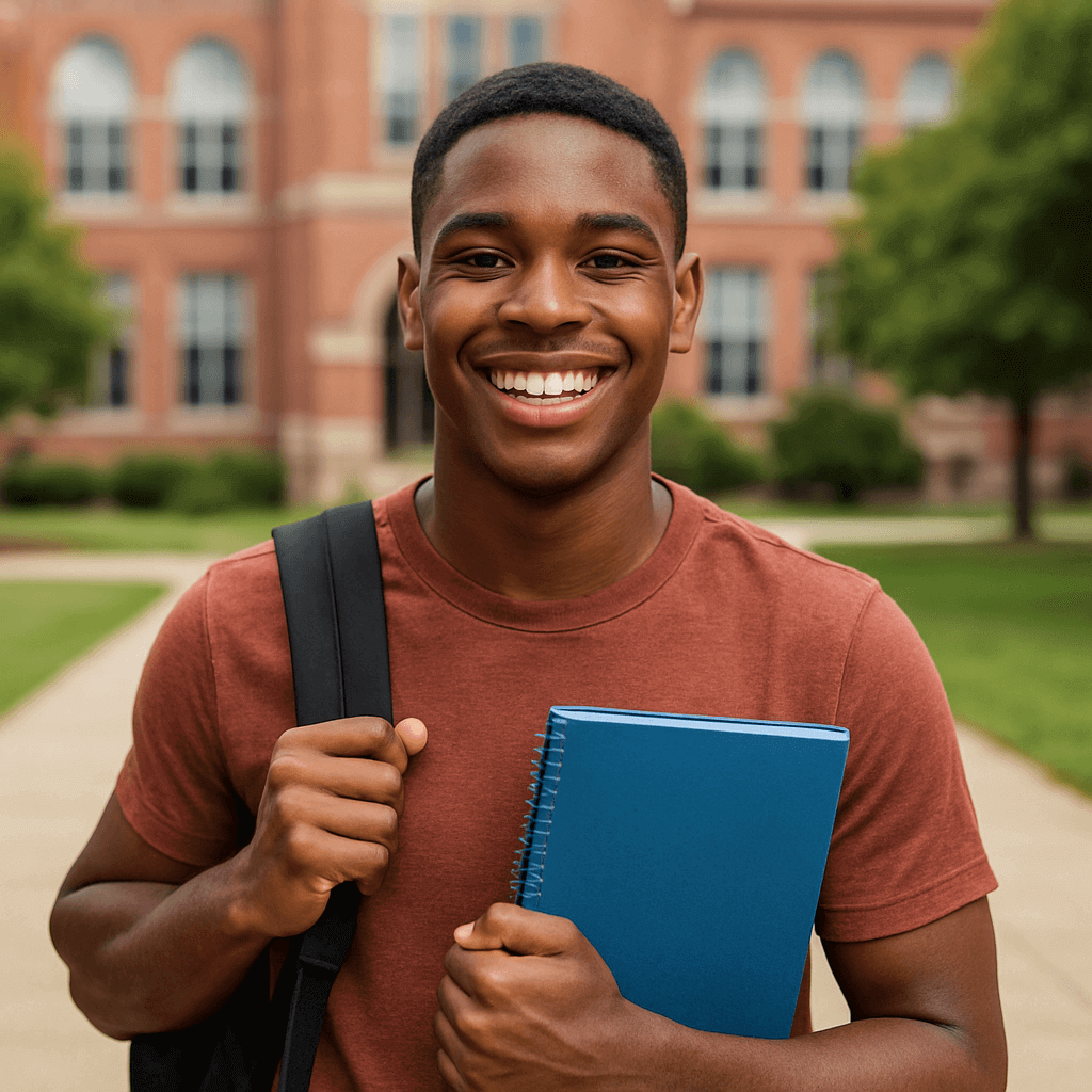University student black man and portrait at campus for education learning and studying in atlanta happy young male college student with motivation for knowledge scholarship opportunity and goals.