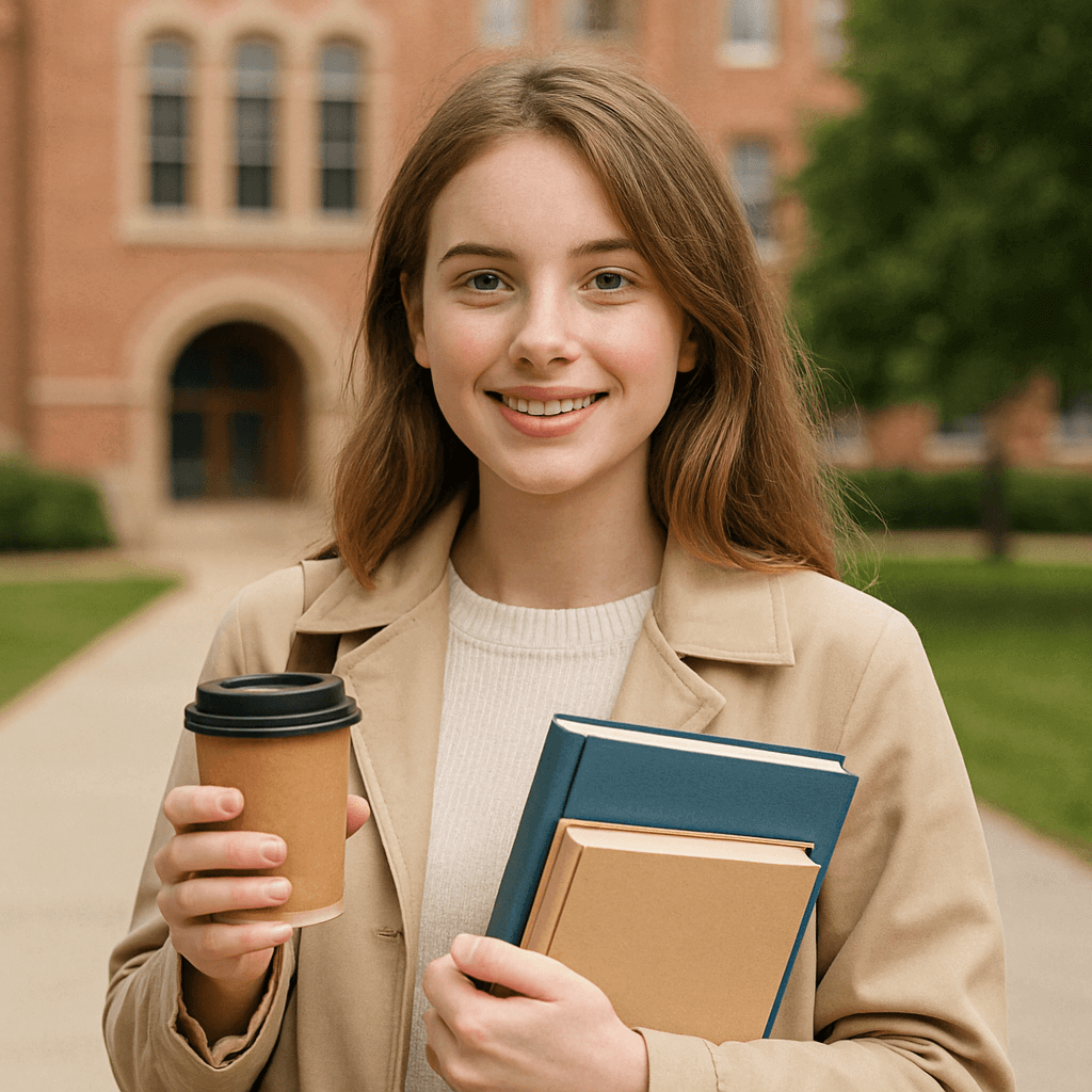 Beautiful girl with books and a cup of coffee in her hands standing in front of the building and looking at the camera.