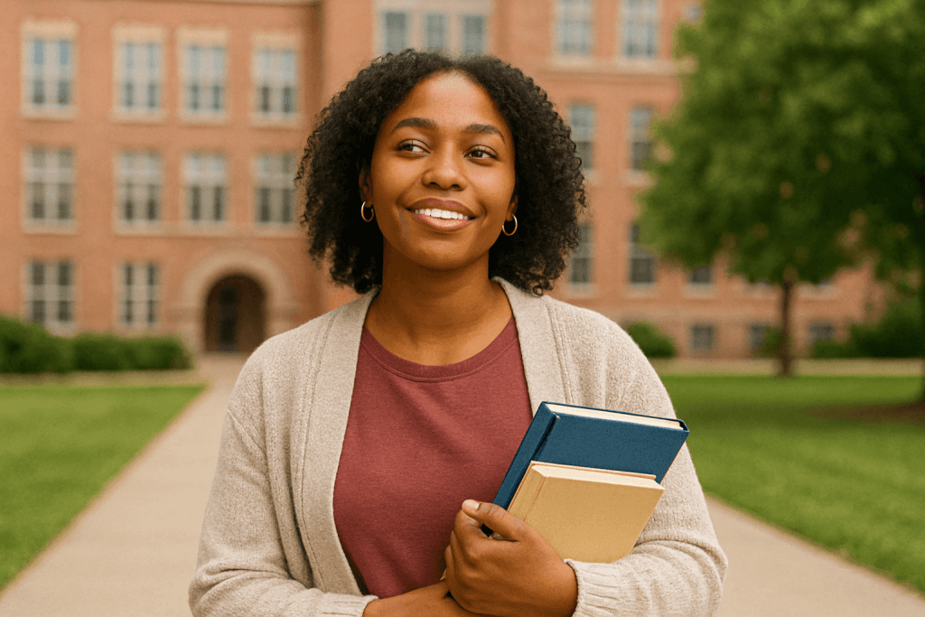 Black woman college student and thinking about future with books while walking at campus or university young gen z female happy about education learning and choice to study at school building.