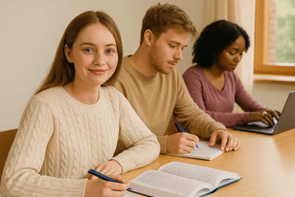 Groupmates learning in university girl looking at camera
