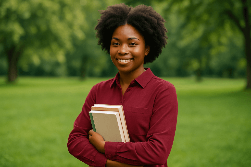 Pretty black girl with books on the green posing in park with an oxblood cloth