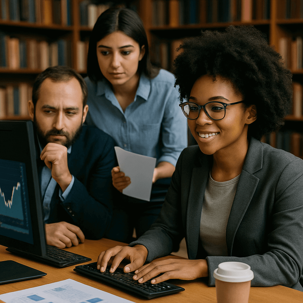 Dark skinned woman and colleagues in library office working to finish project. diverse team of business people analyzing company financial reports from computer.