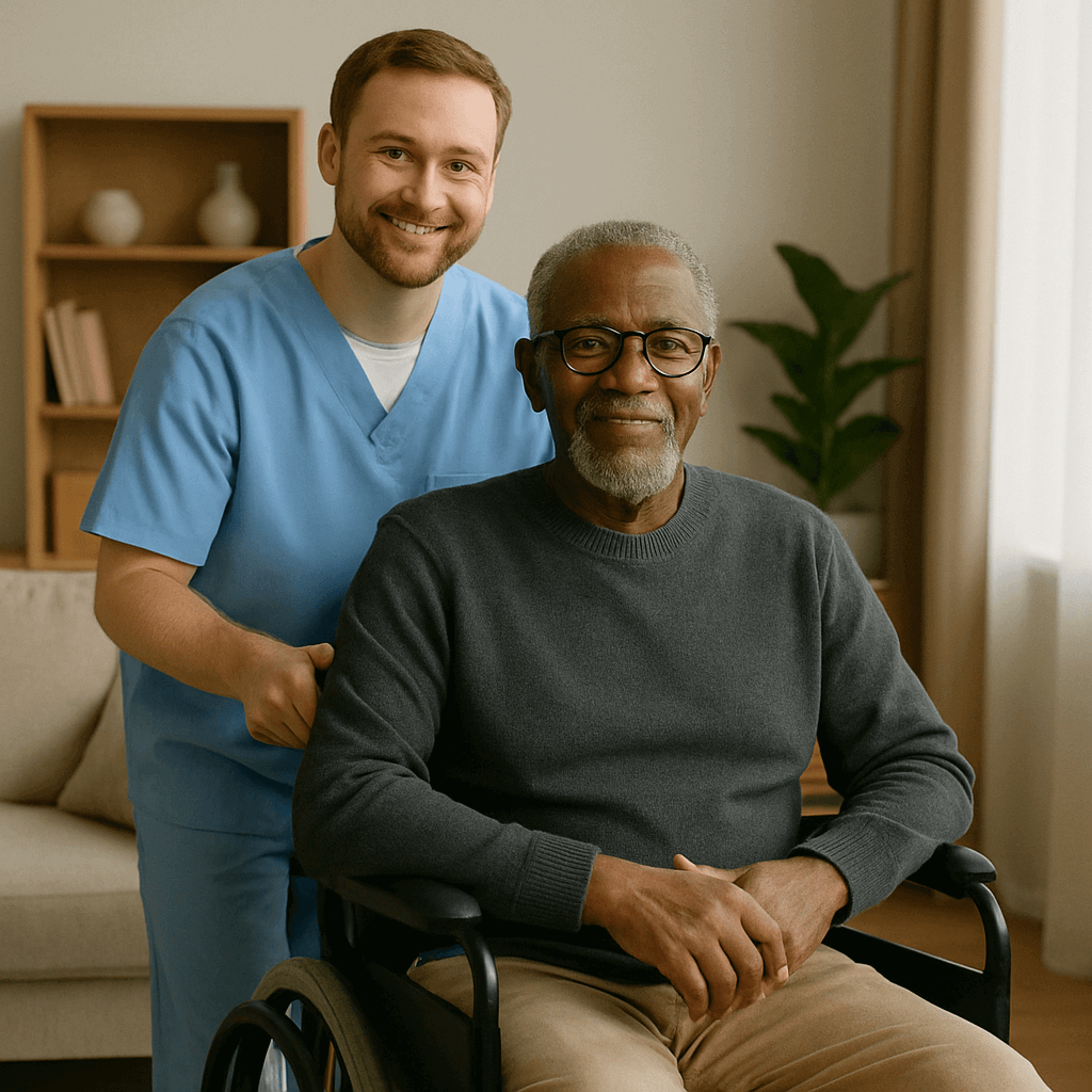 A White male personal support worker behind a black senior citizen sitting on a wheel chair in a sitting room