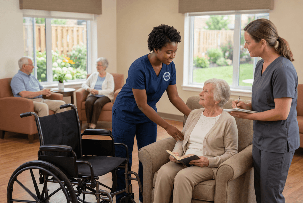An African personal support worker student in navy scrubs provides standardized care to an elderly resident reading a book in a residential healthcare facility for the NACC Personal Support Worker DE 2022 program at Westlake College.