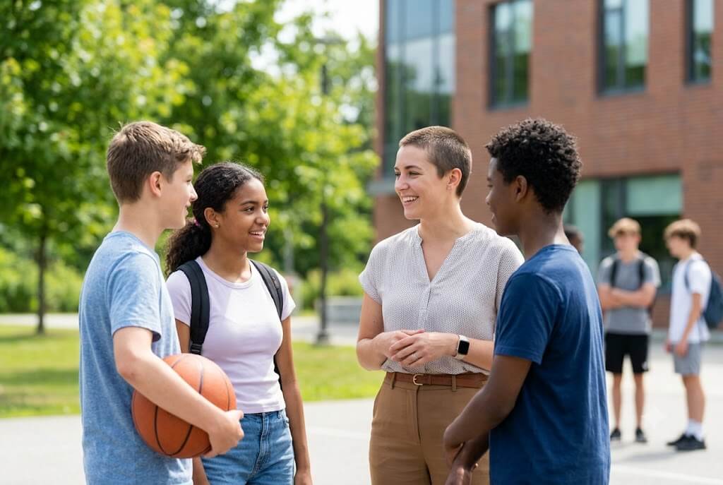 A supportive mentor engaging with a diverse group of smiling teenagers outdoors on a school campus for the Child and Youth Care program at Westlake College.