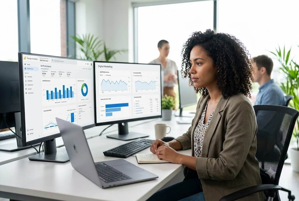 A professional woman is focused on two monitors displaying digital marketing analytics and performance data in a modern, open-plan office for the Digital Marketing Specialist program at Westlake College