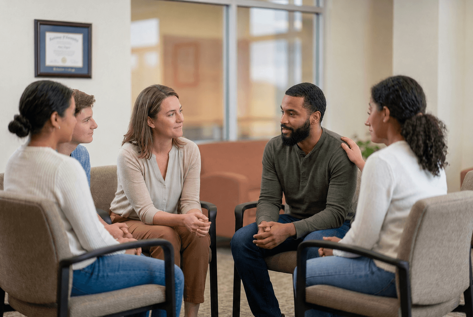An empathetic facilitator listens to a participant during an inclusive group therapy session in a comfortable, softly-lit community room for the Mental Health and Addictions program at Westlake College.